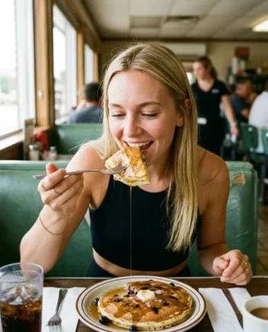 Retro Diner Lifestyle Portrait with Pancakes 6 — Nano Banana AI Prompt: The diner interior is authentic retro Americana — a row of green leather booths...