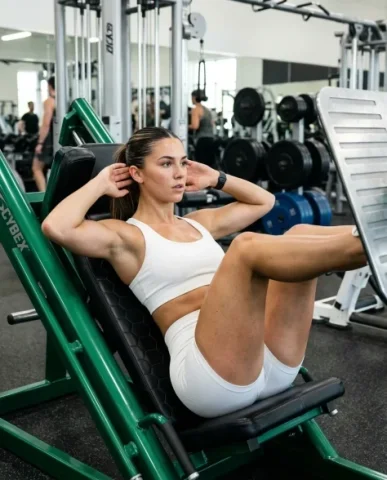 Hyper-Realistic Fitness Editorial on a Leg Press Machine 1 — Nano Banana AI Prompt: Her hair is styled in a sleek tightly pulled-back ponytail with a natural shine....