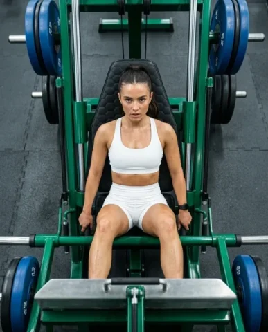 Hyper-Realistic Fitness Editorial on a Leg Press Machine 6 — Nano Banana AI Prompt: The emerald-green machine frame and black leather cushion provide color context....