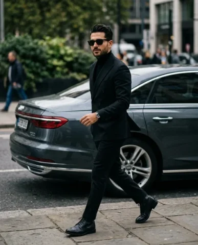 Editorial Street-Style Portrait with Luxury Car 3 — Nano Banana AI Prompt: Man leaning against a dark luxury car with one hand on the roof, black suit and...