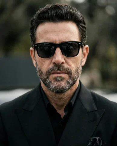Editorial Street-Style Portrait with Luxury Car 4 — Nano Banana AI Prompt: His deep black double-breasted suit shows natural movement — jacket swinging sli...