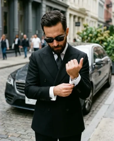 Editorial Street-Style Portrait with Luxury Car 6 — Nano Banana AI Prompt: Clean side profile of a man in black suit beside a luxury car, the car's body li...