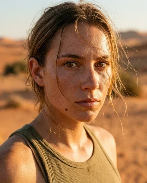 Cinematic Desert Portrait Leaning on Car Hood 3