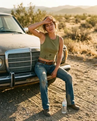 Cinematic Desert Portrait Leaning on Car Hood 4 — Nano Banana AI Prompt: Her expression is relaxed but a bit fatigued — mouth slightly open in a exhale,...