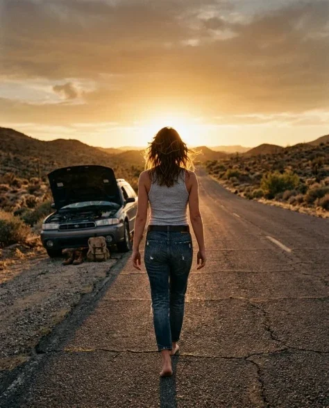 Cinematic Desert Portrait Leaning on Car Hood 5