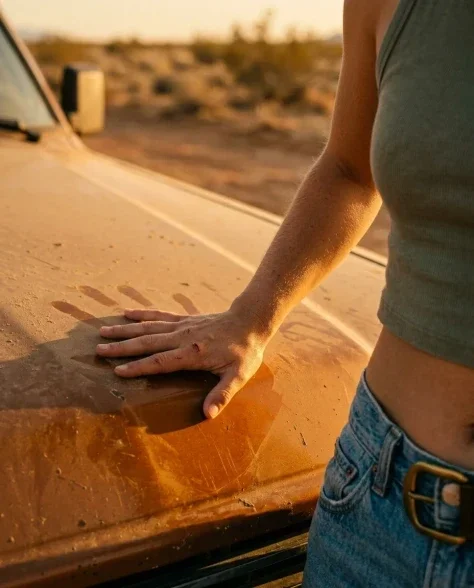Cinematic Desert Portrait Leaning on Car Hood 6