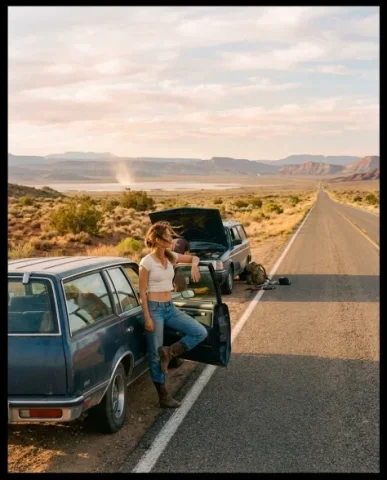 Cinematic Desert Portrait Leaning on Car Hood 7 — Nano Banana AI Prompt: The young woman with slightly messy wind-tousled hair and sun-kissed skin stands...