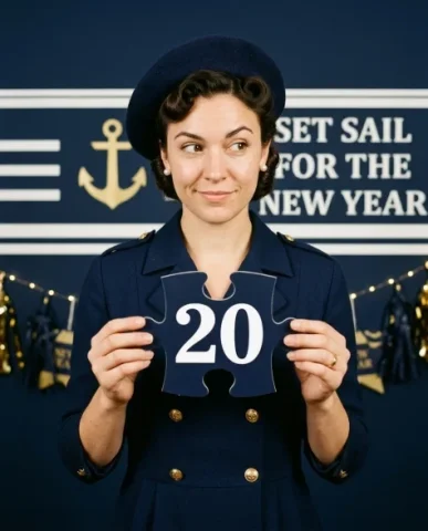 Four-Panel Puzzle Grid New Year Celebration 2 — Nano Banana AI Prompt: New Year panel. She wears a navy uniform-style dress with polished gold buttons...