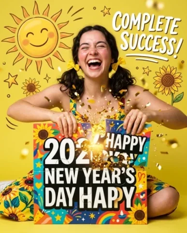 Four-Panel Puzzle Grid New Year Celebration 5 — Nano Banana AI Prompt: New Year panel. She wears a cheerful yellow dress with a bold sunflower pattern...