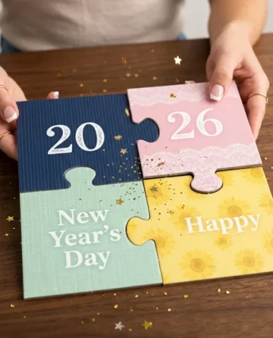 Four-Panel Puzzle Grid New Year Celebration 6 — Nano Banana AI Prompt: The four pieces are visible in detail — top-left piece marked '20' in white on n...