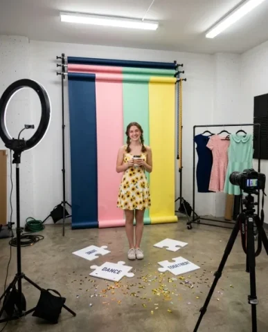 Four-Panel Puzzle Grid New Year Celebration 7 — Nano Banana AI Prompt: The studio space is visible — a professional photo studio with white walls, ligh...
