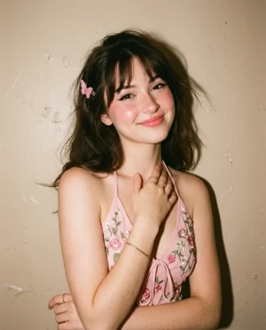 Soft Flash Coquette Portrait with Butterfly Clip 7 — Nano Banana AI Prompt: Wider flash portrait showing the full coquette aesthetic with pink halter top, b...