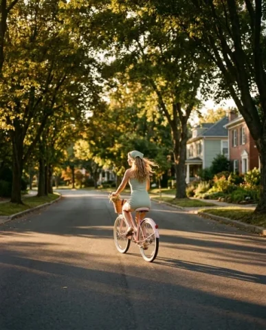Sunlit Golden Hour Bicycle Fashion Editorial 3 — Nano Banana AI Prompt: Golden hour sunlight from camera-right paints warm highlight across half her fac...
