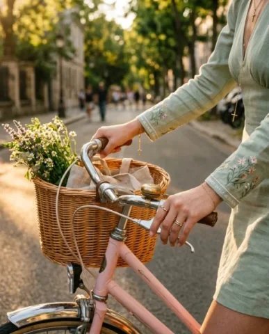 Sunlit Golden Hour Bicycle Fashion Editorial 6 — Nano Banana AI Prompt: The camera focuses on the handlebar area of a pastel pink bicycle — two hands gr...