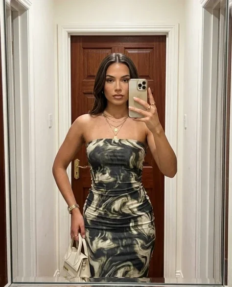 High-Fidelity Mirror Selfie in Marble-Print Bodycon Dress 2