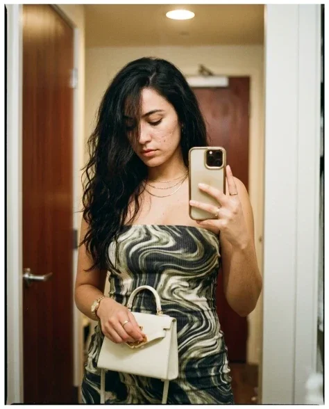 High-Fidelity Mirror Selfie in Marble-Print Bodycon Dress 5