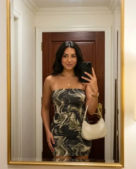 High-Fidelity Mirror Selfie in Marble-Print Bodycon Dress 7