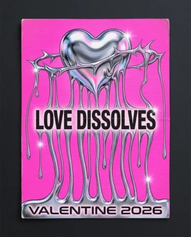 Y2K Chrome Heart with Thorns 7 — Nano Banana AI Prompt: Bold condensed sans-serif text "LOVE DISSOLVES" embedded within the chrome drip...