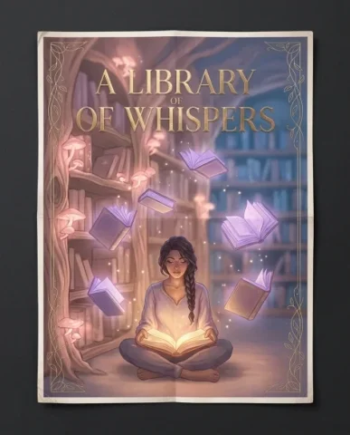 Fantasy Romantasy Book Cover with Glowing Mushrooms 3 — Nano Banana AI Prompt: Top-down photograph of a printed poster lying flat on a dark charcoal matte surf...