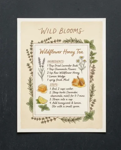 Cottage Core Botanical Pressed Flower Poster 4 — Nano Banana AI Prompt: Text "WILD BLOOMS" in delicate cursive at the very top of the poster. Earthy pal...
