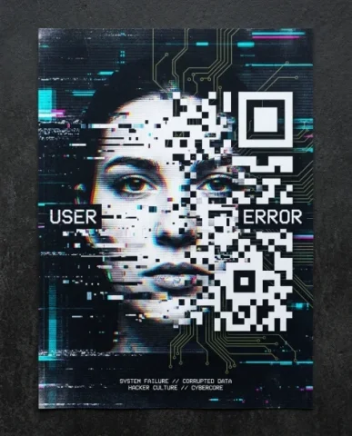 Cybercore Glitch Art Digital Face Poster 6 — Nano Banana AI Prompt: Scanlines cut across the full width. The face retains traces of eyes and mouth i...