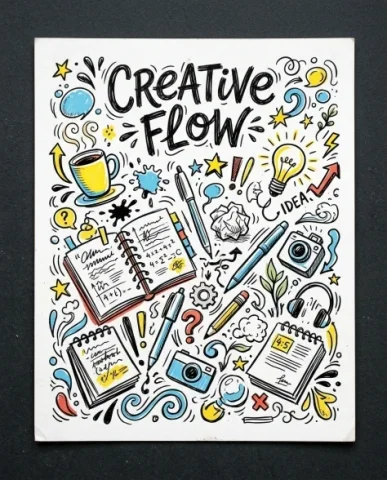 Hand-Drawn Doodles Creative Flow Sketchbook Poster 1 — Nano Banana AI Prompt: An explosion of assorted playful hand-drawn doodles covering the entire surface...