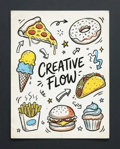 Hand-Drawn Doodles Creative Flow Sketchbook Poster 3 — Nano Banana AI Prompt: Assorted playful hand-drawn music doodles scattered across the surface — an acou...