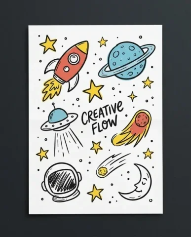 Hand-Drawn Doodles Creative Flow Sketchbook Poster 4 — Nano Banana AI Prompt: Assorted playful hand-drawn food doodles covering the surface — a pizza slice wi...