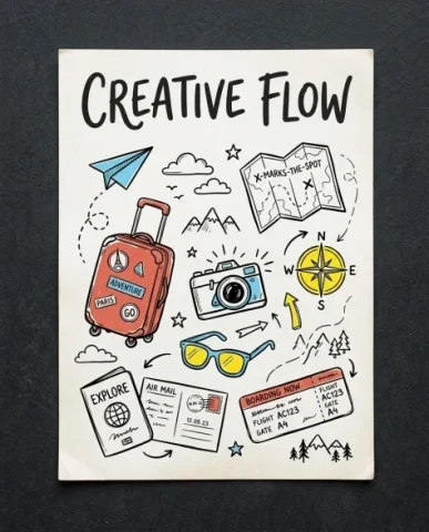 Hand-Drawn Doodles Creative Flow Sketchbook Poster 6 — Nano Banana AI Prompt: Assorted playful hand-drawn plant and garden doodles covering the surface — a po...