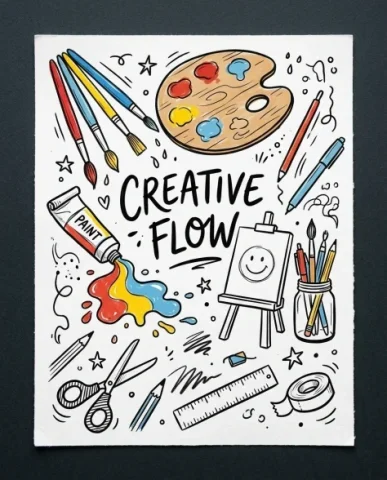 Hand-Drawn Doodles Creative Flow Sketchbook Poster 7 — Nano Banana AI Prompt: Primary palette — bold black outlines with selective fills in warm yellow for th...
