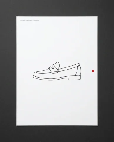 Neoclassical Minimalist Chair Line Drawing 6 — Nano Banana AI Prompt: Top-down photograph of a printed poster lying flat on a dark charcoal matte surf...