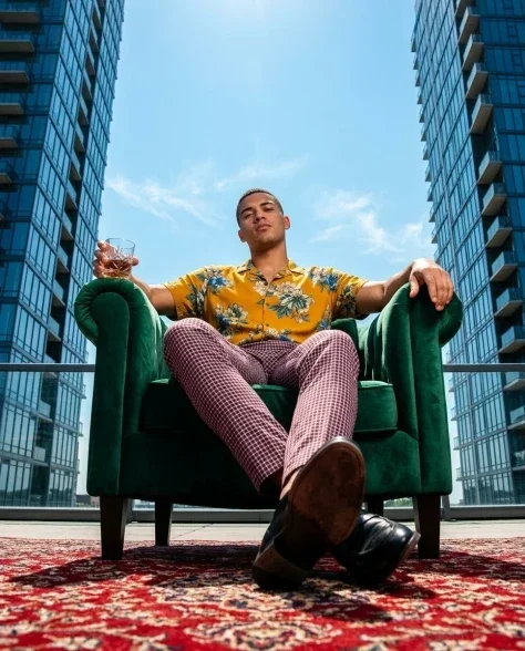 Rooftop Power Editorial with Armchair and Cityscape 6
