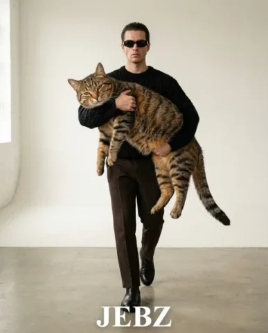Surreal Oversized Cat Fashion Studio Editorial 5 — Nano Banana AI Prompt: Hyper-realistic surreal fashion editorial of a young man with a slicked-back dar...