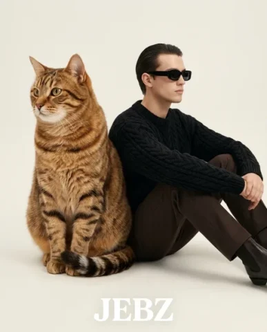 Surreal Oversized Cat Fashion Studio Editorial 6 — Nano Banana AI Prompt: Hyper-realistic surreal fashion editorial wide shot of a vast clean off-white st...
