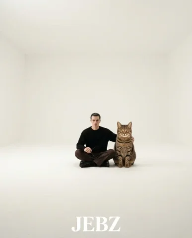 Surreal Oversized Cat Fashion Studio Editorial 7 — Nano Banana AI Prompt: Hyper-realistic surreal fashion editorial portrait of a young man with slicked-b...