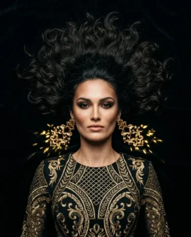 Bold Opulent Gold Statement Earring Dramatic Portrait 6 — Nano Banana AI Prompt: Dramatic studio fashion image of a female model with voluminous dark waves, bold...