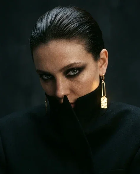 Edgy Smoky Eye Gold Earring Moody Editorial Portrait 4