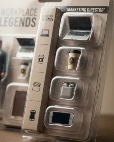 AI Action Figure Box Your Professional Self 3 — Nano Banana AI Prompt: Detail product photograph focused on the right-side accessory compartments of th...