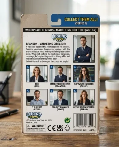 AI Action Figure Box Your Professional Self 4 — Nano Banana AI Prompt: The back of the action figure box showing the toy-line lineup and character bio"...