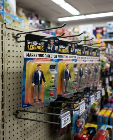 AI Action Figure Box Your Professional Self 5 — Nano Banana AI Prompt: Angled shelf view of several copies of the action figure hanging on retail peg h...