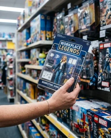 AI Action Figure Box Your Professional Self 6 — Nano Banana AI Prompt: Lifestyle product photograph of a hand holding up the same 'WORKPLACE LEGENDS' M...