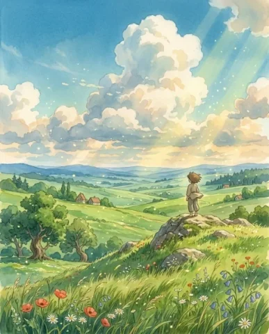 Studio Ghibli Portrait Transformation 3 — Nano Banana AI Prompt: Wide Ghibli landscape with the same tiny character standing on a distant hill un...
