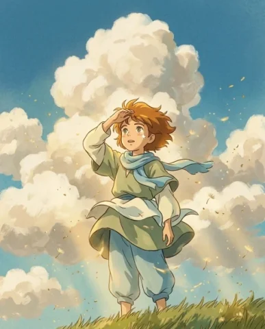 Studio Ghibli Portrait Transformation 4 — Nano Banana AI Prompt: Low-angle Ghibli shot looking up at the same character against a sky full of flu...