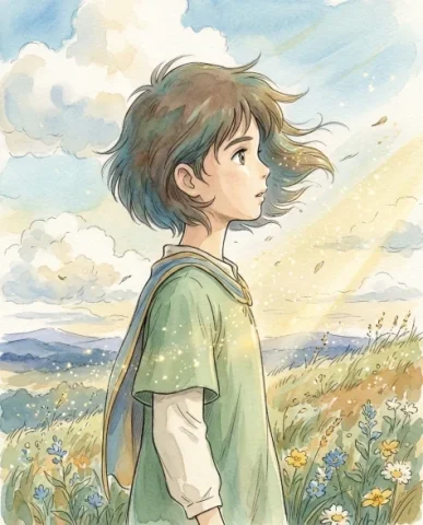Studio Ghibli Portrait Transformation 5 — Nano Banana AI Prompt: Ghibli profile of the same character gazing at the horizon as dust motes float i...