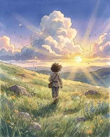 Studio Ghibli Portrait Transformation 7 — Nano Banana AI Prompt: Ghibli back view of the same character walking away over a hill toward glowing c...