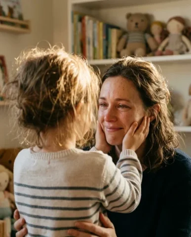 Hug Your Younger Self Emotional Portrait 4 — Nano Banana AI Prompt: Over-the-shoulder view from behind the child toward the tearful protective face...