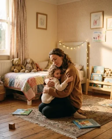 Hug Your Younger Self Emotional Portrait 5 — Nano Banana AI Prompt: Wider shot of the woman kneeling to embrace her child self in a sunlit childhood...