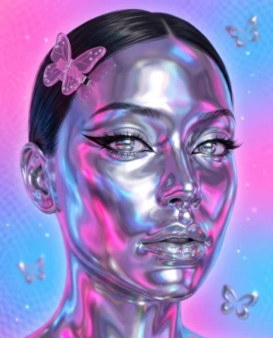 Y2K Chrome Aesthetic Portrait 2 — Nano Banana AI Prompt: Chrome close-up of the same woman's face showing liquid metallic skin reflection...