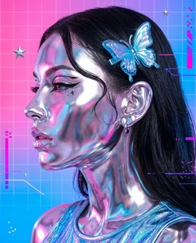 Y2K Chrome Aesthetic Portrait 3 — Nano Banana AI Prompt: Chrome profile of the same woman with a cyber butterfly clip and metallic reflec...