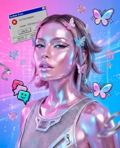 Y2K Chrome Aesthetic Portrait 4 — Nano Banana AI Prompt: Three-quarter chrome portrait of the same woman surrounded by floating Y2K inter...